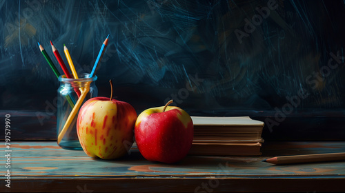 Apples and Pencils on Desk with Chalkboard in Education Setting