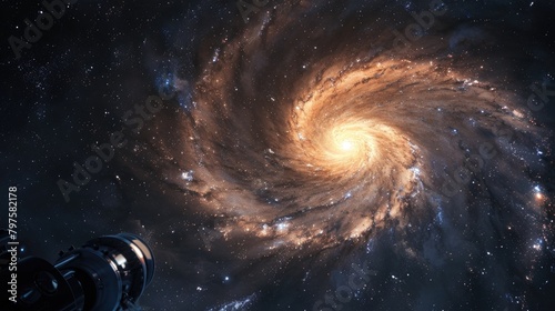 Spiral galaxy viewed through a powerful telescope in a starry sky