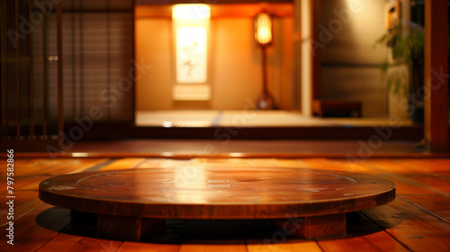 Traditional Japanese Room with Wooden Round Table