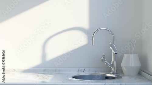 Kitchen Sink with Running Water Faucet on Solid White Background
