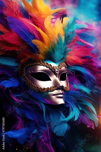 a colorful feathered mask