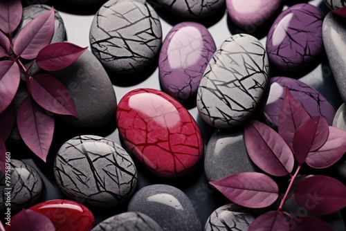 a group of colored stones with leaves