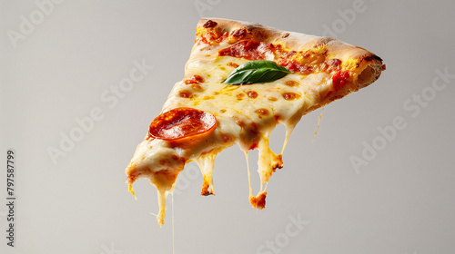 A slice of pizza with cheese dripping, suspended in the air against a plain background. The slice is filled with pepperoni and covered in melted mozzarella