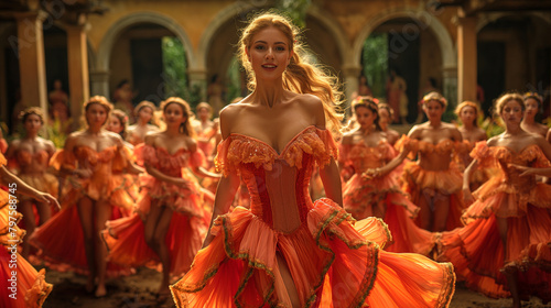 12. Sunset Serenade: As the sun dips below the horizon, dancers take to the open-air dance floor for an evening of romance under the stars. Their ballroom dresses, in hues of coral