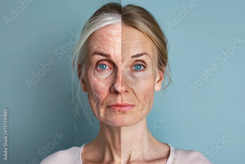 Visible aging faces integrate collagen boosts into life cycles, contrasting aging face divisions with skin tone evenness and generational aging processes.