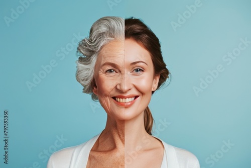 Left visible aging with detailed texture highlights full color aging interventions, right side portrays facial aging with improved skin care methods.