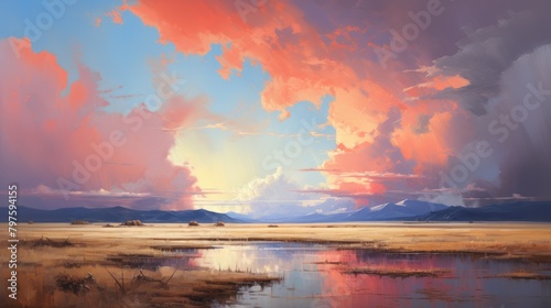 a painting wilderness, large sky, abstract, rule of thirds, complimentary colors, skillful lighting, reverent and tranquil, tranquil, oil painting, AI Generative