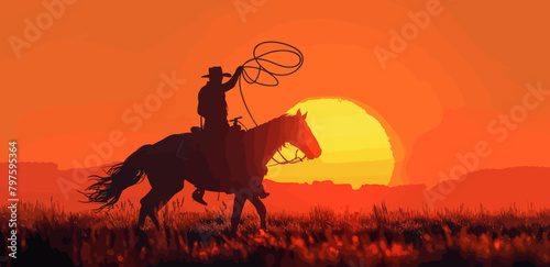 a silhouette of a cowboy on a horse with a lasso