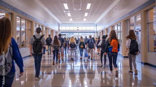 A wide-angle shot of a bustling high school corridor filled with students walking to and from classes