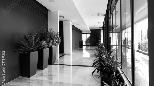 Modern Monochrome Entrance Hall with Glass Facade Stock Photo