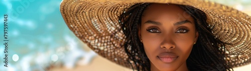Portrait of beautiful black woman wearing large braided hat on the beach