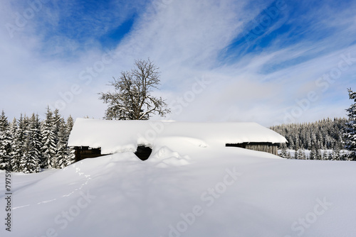Image from Anfinnseter summer farms of the Totenaasen Hills, Norway, in wintertime.