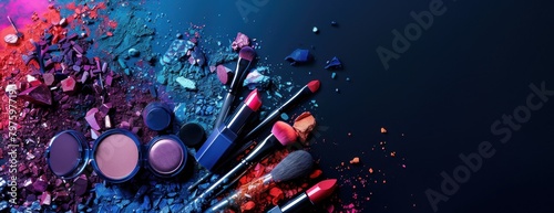 Produits de maquillage, rouge à lèvres, fond de teint, disposés en forme d'explosion sur un fond de couleurs vives avec des nuances de bleu, de rouge, d'orange et de violet, espace pour texte.