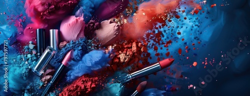 Produits de maquillage, rouge à lèvres, fond de teint, disposés en forme d'explosion sur un fond de couleurs vives avec des nuances de bleu, de rouge, d'orange et de violet.