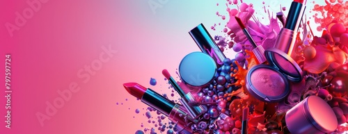 Produits de maquillage, rouge à lèvres, fond de teint, disposés en forme d'explosion sur un fond de couleurs vives avec des nuances de bleu, de rouge, d'orange et de violet, espace pour texte.