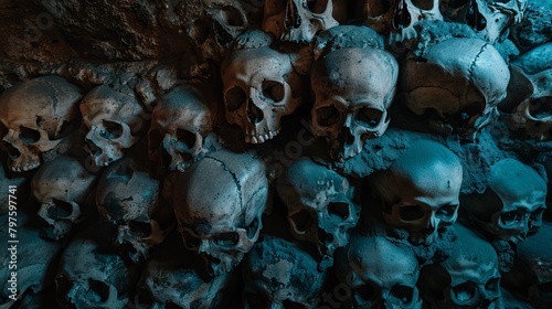 Mysterious catacomb skulls in shadowy ambiance