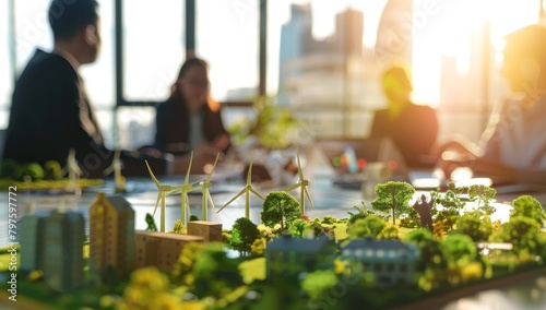 Une maquette d'une ville avec des bâtiments éco-responsable avec des éoliennes, symbolisant la technologie écologique pour le développement durable, arrière-plan flou avec hommes et femmes d'affaires.