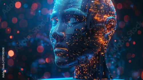 AI or artificial intelligence in image robot head hover over podium in virtual cyberspace Humanoid face of mechanical cyborg with electronic brain or mind Neural network or supercomputer Future