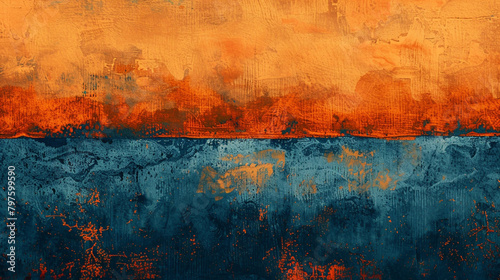 Rust orange and midnight blue gouache painting, enriching room decor with deep color textures.