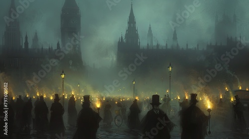 Citizens of London in 1894 using torches to light their way