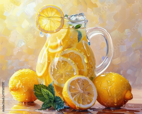 Icy lemonade pitcher with lemon slices