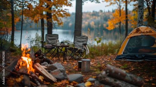 Near a camping tent in the forest, a beautiful bonfire burns with firewood, surrounded by chairs, creating a cozy campsite atmosphere.