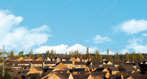 Spring Sky blue,Clouds Landscape rural village,Horizon Countryside in small town with cloudy in sunny day summer, View of Row of Typical English Terraced Houses in Middlebrough,North of England