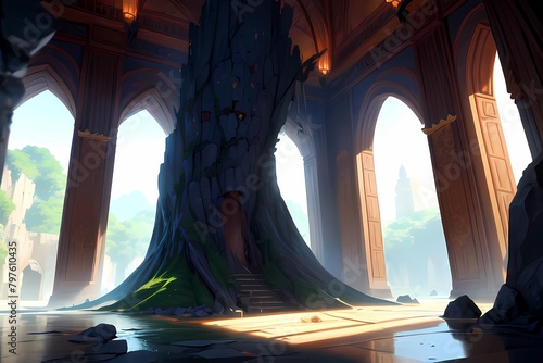 ゲーム背景王宮ダンジョンの中にある隠しダンジョン入口の木