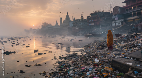 Polluted Riverbank: Environmental Crisis. Woman dressed Sari amid plastic waste, symbolizing pollution and ecological degradation. Environmental activism concept. Traveling in poorest regions.