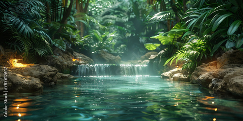 A lush rainforest stream cascades through the vibrant jungle, embodying nature's beauty and tranquility.
