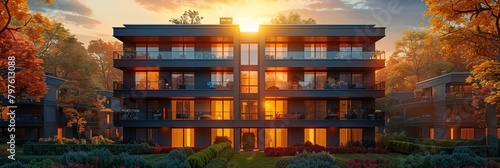 A modern condominium complex with glass exteriors, set against a picturesque autumn sunset.
