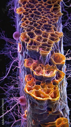 a scanning electron micrograph of a fungal hypha. The hypha is a long, thin filament that makes up the vegetative body of a fungus. The hyphae are covered in pores