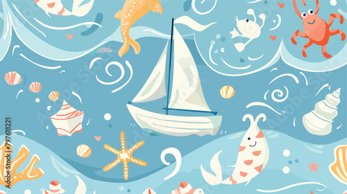 Summer sea pattern. Cute fish sail boat crab seashell
