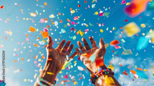 Multiple individuals are raising their hands in the air, throwing colorful confetti during a festive occasion