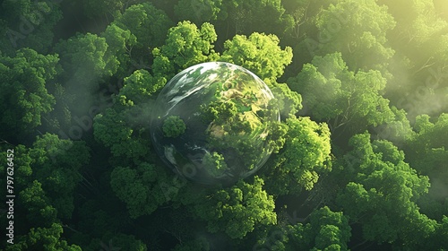 Aerial top view of green forest tree and global globe, Tropical rain forest tree ecosystem and healthy environment, Texture and background of green tree forest, Global warming save earth. 