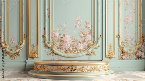 Pastel-colored walls decorated with rococo floral patterns and a decorative podium