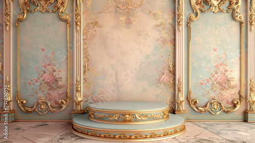 Pastel-colored walls decorated with rococo floral patterns and a decorative podium