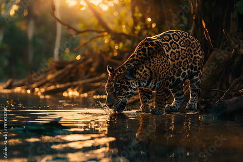 A jaguar drinking water from the river in the Amazon rainforest