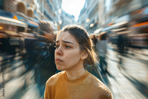 Panic attack in public place. Woman having panic disorder in city. Psychology, solitude, fear or mental health problems concept. Depressed sad person surrounded by people walking in busy street