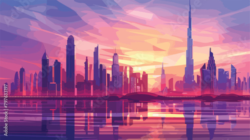 Dubai downtown with modern skyscrapers at sunset. Dub
