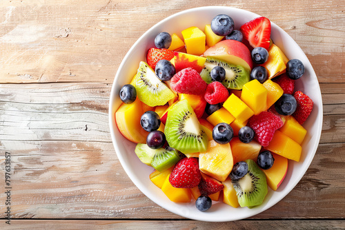 Bowl of healthy fresh fruit salad on wooden background. Top view 