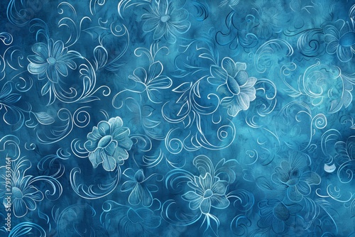 Sapphire blue damask patterns overlaid on a darker blue textured background, evoking calm elegance.