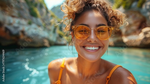 Happy woman traveler smiling selfie with landmark around the world.