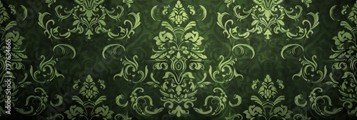 This image displays a lush forest green damask pattern, ideal for creating a mystical and luxurious ambiance.