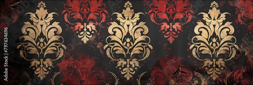 A grand display of scarlet and gold damask patterns on a dark backdrop, ideal for luxury interiors