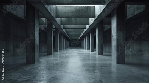 Mysterious concrete underground hall with symmetrical pillars