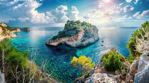This is a photo of a rocky cove with pink flowers in the foreground and bright blue water with a small island in the background.