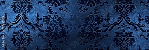 A luxurious pattern with royal damask designs etched into a deep midnight blue texture.