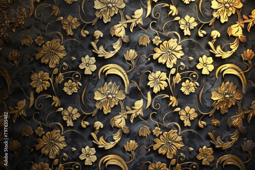 This opulent wallpaper features bold gold damask motifs on a deep black background, ideal for sophisticated interiors.