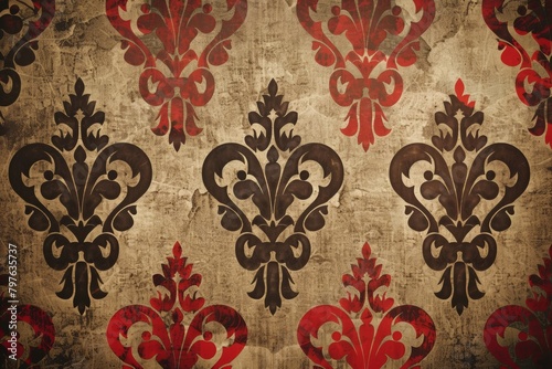 A striking red and beige damask pattern evokes a sense of baroque elegance, perfect for classic and rich decor themes.